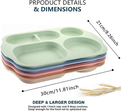 12 Inch Divided Plates4 PCS - Reusable Unbreakable Wheat Straw Plates, Dinnerware Lunch Tray Plates Tableware for Kitchen, Picky Eaters, Campers and Portion Control (Blush)