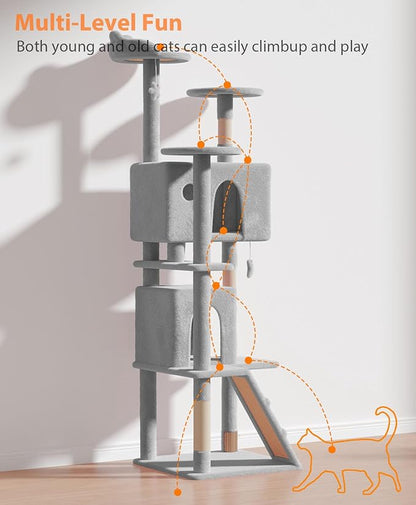 77'' Cat tree Tower for Indoor Cats Large Adult,Cute/Tall Modern Cat Tree for Big Cats 20 lbs,Plush Multi-Level Cat Condo with Scratching Posts,Dangling Ball for fun play(Light Gray, 77 inch)