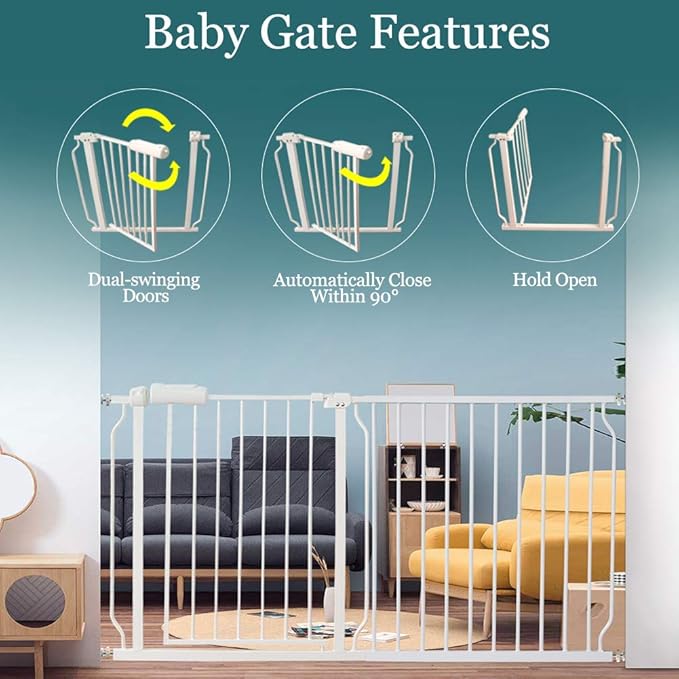 ALLAIBB Baby Gate Pressure Mounted Extra Wide Walk Through Child Kids Safety Toddler Tension White Long Large Pet Dog Gates with Extension for doorways Kitchen and Living Room (62.20-66.93"/158-170cm)