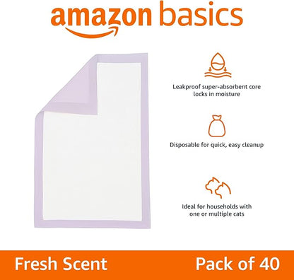 Amazon Basics Cat Litters Pee Pads, 40 Count, Universal Fit for Litter Box, Odor Control with Fresh Scent, Purple and White
