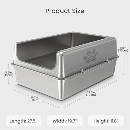 Enclosed Stainless Steel Cat Litter Box with Lid, Oversize Metal Litter Box for Multi Cats, Extra XXL Cat Toilet with High Side, Non-Stick, Anti-Leakage, Odorless, with Cat Litter Mat & Litter Scoop