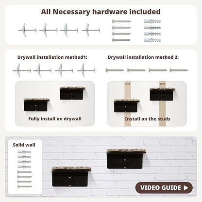 2 Set Cat Wall Steps - Wooden Cat Climbing Shelf for Wall - Cats Wall Stairs with Scratching Mat - Wall Mounted Cats Furniture for Jumping, Playing, and Lounging, Walnut