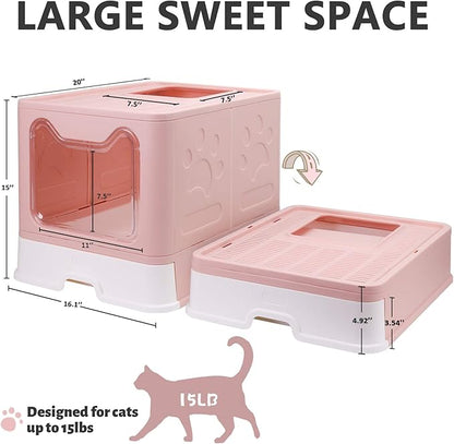 Foldable Cat Litter Box with Lid, Enclosed Potty, Large Top Entry Anti-Splashing Toilet, Easy to Clean Including Litter Scoop and 2-in-1 Cleaning Brush (Pink)