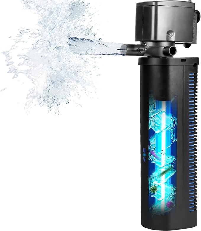 Aquarium U-V Filter Dual Spout 600GPH for Large 100-300 Gallon Fish Tank Silent Canister Internal Filter Cold Plunge Tub Koi Pond Filter, Green Clean Machine Deodorization for Saltwater Freshwater