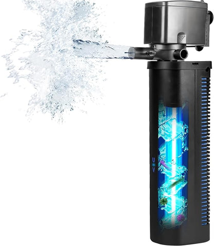 Aquarium U-V Filter Dual Spout 600GPH for Large 100-300 Gallon Fish Tank Silent Canister Internal Filter Cold Plunge Tub Koi Pond Filter, Green Clean Machine Deodorization for Saltwater Freshwater