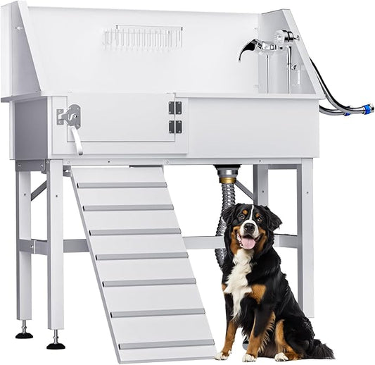 Dog Washing Station for Home, 38" White Professional Stainless Steel Dog Grooming Tub, Height Adjustable Dog Bathing Station, Upgrade Parts, Dog Bath Tubs for Small & Medium Dogs(Left Ramp)