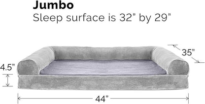 Furhaven Orthopedic Dog Bed for Large Dogs w/ Removable Bolsters & Washable Cover, For Dogs Up to 95 lbs - Faux Fur & Velvet Sofa - Smoke Gray, Jumbo/XL