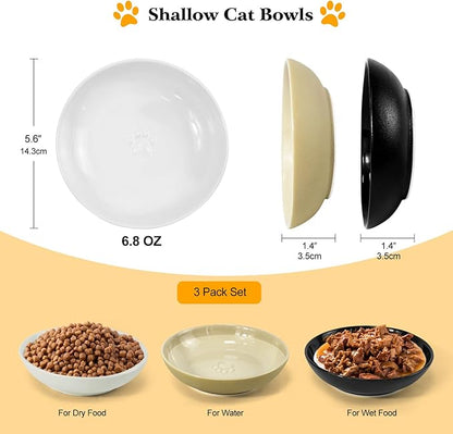3PCS Cat Food Bowl,Ceramic Cat Dish for Indoor Cats,Wide Shallow Cat Bowls for Dry and Wet Food,Anti Whisker Fatigue Cat Plates for Kitten Cats or Dogs