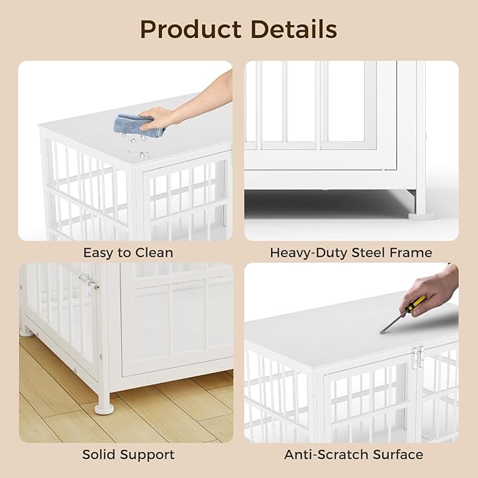 26 Inch Heavy Duty Wooden Dog Kennel End Table with Double Door Design and Secure Locks, Indoor Pet Crate Furniture for Small Dogs, Decorative Home Cage Design,White