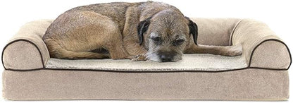 Furhaven Cooling Gel Dog Bed for Medium/Small Dogs w/ Removable Bolsters & Washable Cover, For Dogs Up to 35 lbs - Sherpa & Chenille Sofa - Cream, Medium