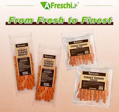 Afreschi Turkey Tendon Dog Treats, 8 oz Braid (for Medium Breeds), USA-Sourced Turkey Tendon, All Natural Puppy Chew, Hypoallergenic, Rawhide Alternative