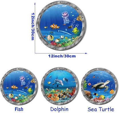 9PCS Ocean Animals World Under Sea Decor Sea Turtles Dolphins Fishes Sharks Coral Removable 3D Peel and Stick Vinyl Stickers
