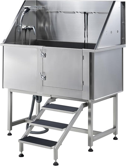 Albott 50 Inch Stainless Steel Dog Washing Station with Non-Slip Steps, Sprayer, Faucet, Soap Box – Professional Pet Bathtub for Small and Medium Pets, Use at Home, Garage, or Grooming (Right Door)