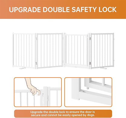 Full Metal Freestanding Dog Gate with Door, 24'' Height Foldable Pet Dog Fence for Indoor & Outdoor, 4 Panels Extra Wide Free Standing SmallDog Gates for Doorways,House,Stairs,Porch,Deck,Yard