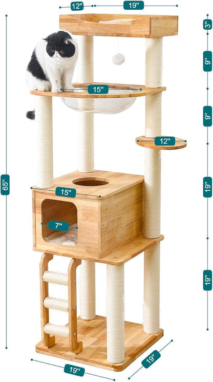 65-inch Tall Cat Tree，Cat Tower for Indoor Cats with Feel-Safe Enclosed Cat Cave、Scratching Post、Space Capsule Nest and Cat Ladder