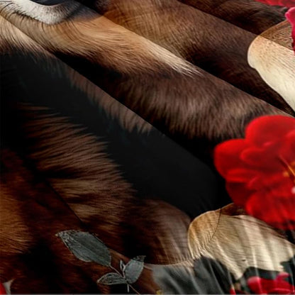 Wolf Comforter Set Queen Size Red Rose Wolves Bedding Set Wild Animal Bedding Sets Black Floral Animals Comforters 3 Piece Soft Down Alternative Comforter Sets for Girls Boys Kids Teens