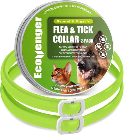 EcoVenger Flea & Tick Collar Repellent 2-Pack Green, Fits Both Dogs & Cats, Built-in Pant-Based Formula Strong Repellency Slow Release, Lasting Deterrence and Protection, Pleasant Aroma, Waterproof