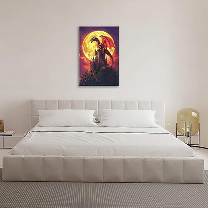 Dragon Bathroom Pictures Wall Art, Red Dragon Castle Bathroom Wall Decor, Framed Painting Canvas Artwork for Bedroom Living Room Decorations 24"L x 16"W