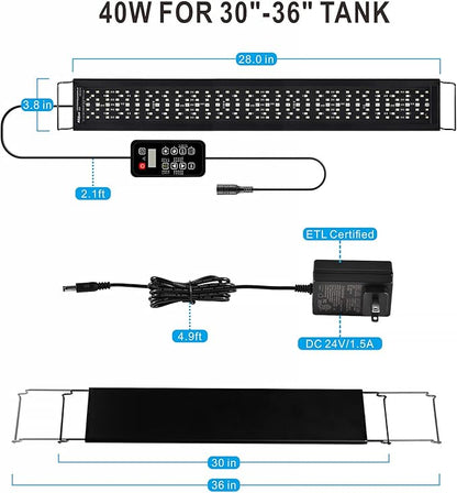 Advanced 7-Row LED Aquarium Light, Easy Setup Controller, Auto On Off Full Spectrum Fish Tank Light, 24/7 Lighting Cycle, 8 Colors, 10 Level Dimming, 40W for 30"-36" Freshwater Planted Tank