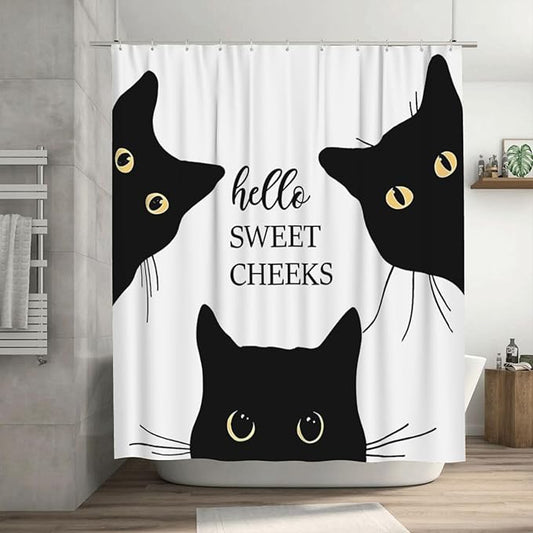 Jakayla Black Cat Shower Curtain - Funny and Cute Bathroom Decor, White, 72x72 Inches With 12 Plastic Hooks