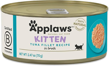 Applaws Natural Wet Kitten Food in Broth, Limited Ingredient Canned Wet Kitten Food, No Additives, Made with Natural Ingredients, Tuna Fillet in Broth (24 x 2.47oz Cans)