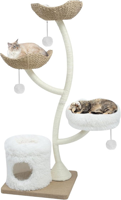 63” Tall Cat Tree Tower for Indoor Cats, Multi-Level Large Cat Climbing Furniture with Scratching Posts, Soft Perch, Cozy Cave, and Hanging Toys, Sturdy Design for Multi-Cat Households