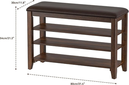 Entryway Shoe Storage Bench with Leather Cushion, Shoe Organizer Bench for Entryway, Ideal for Hallways Front Doors Entrances Mudrooms Featuring Rubberwood And 3 Height-Adjustable and Removable Shelve