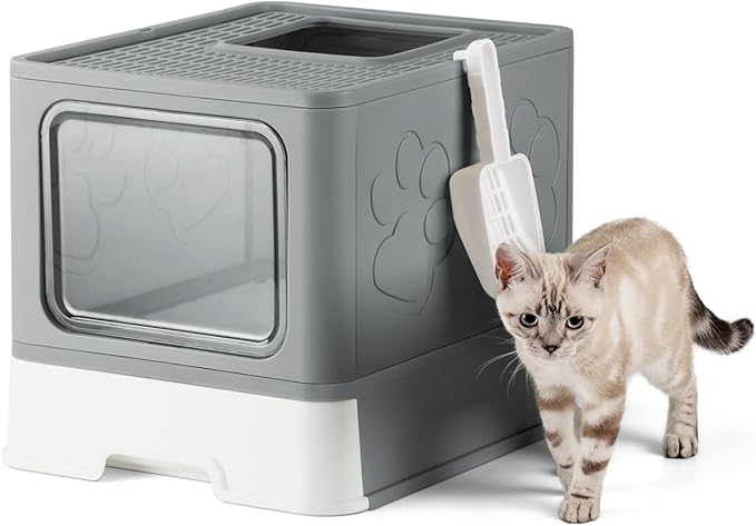 Enclosed Cat Litter Box, Large Litter Box for Big Cats, Covered Kitty Litter Boxes with Lid, Top Entry Cat Box Enclosure with Scoop, Odor Control, Easy to Clean(Grey)