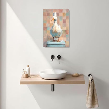 Funny Duck Bathroom Wall Art Cute Duck on Toilet Canvas Wall Decor Funny Quirky Farm Animal Pictures Painting Print Framed Artwork Decorations Gifts for Bathroom 16"x24"