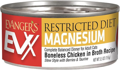 Evanger’s EVX Restricted Diet Magnesium Canned Cat Food – 24 Count, 5.5 oz Cans Each – Boneless Chicken in Broth with Berries – Grain Free, Limited Ingredients, Stew Style