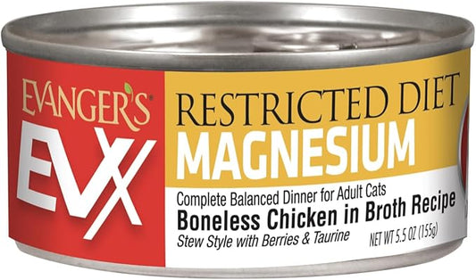 Evanger’s EVX Restricted Diet Magnesium Canned Cat Food – 24 Count, 5.5 oz Cans Each – Boneless Chicken in Broth with Berries – Grain Free, Limited Ingredients, Stew Style