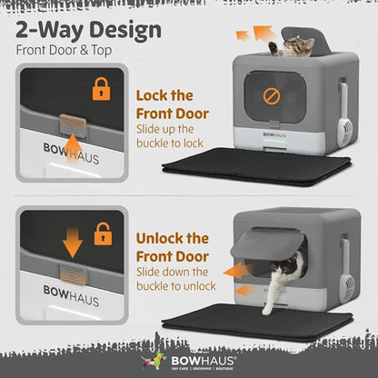 Foldable Cat Litter Box w/Lid, Scoop & Mat, Drawer Design Cat Toilet for Kitten, Two-Way Entry Kitty Litter Box, Odor Control & Easy to Clean, Dark Grey