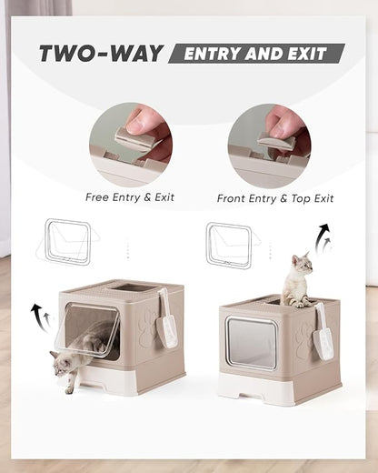 Enclosed Cat Litter Box, Large Litter Box for Big Cats, Covered Kitty Litter Boxes with Lid, Top Entry Cat Box Enclosure with Scoop, Odor Control, Easy to Clean(Coffee)