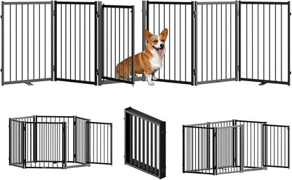 Full Metal Freestanding Dog Gate with Door, 24'' Height Foldable Pet Dog Fence for Indoor & Outdoor, 6 Panels Extra Wide Free Standing SmallDog Gates for Doorways,House,Stairs,Porch,Deck,Yard