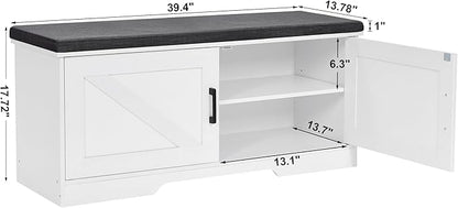 2-Tier Storage Bench, Shoe Bench with Padded Seat Cushion, Entryway Bench with 2 Barn Doors, Adjustable Shelf, 13.8" D x 39.4" W x 17.7" H, for Entryway, Living Room, Bedroom, White