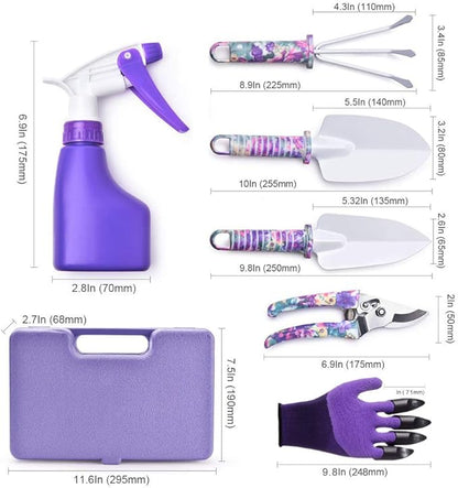 6 Pieces Garden Tools Set Planting Tools, Non-Slip Handle with Anti-Rust Trowel, Cultivator, Pruning Shear, Water Sprayer and Carrying Case, Gloves with Claws
