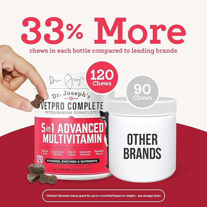 Dr. Joseph's VetPro Complete Multivitamin Dog Supplement, 120 Count (Large Dog 60 Day Supply), 5in1 Chew with Vitamins, Enzymes & Nutrients, Hip & Joint Health, Immune System & Allergy Support