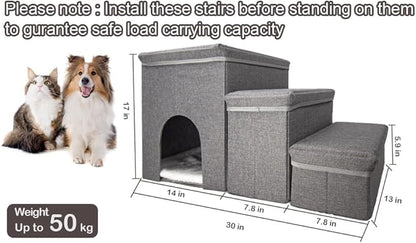 Dog Stairs with Storage Dog Steps for High Beds 3-Step Pet Stairs Ramp with Storage Box and Condo for Small Dogs Cats Pets
