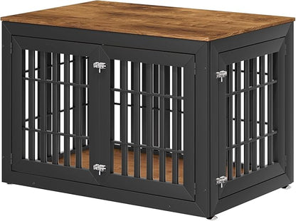 48" Heavy Duty Dog Crate Furniture for Small,Medium and Large Dogs,Rustic Wooden Dog Cage Kennel Indoor Furniture with Waterproof Top,Decorative Pet House Side End Table (Black & Wood)