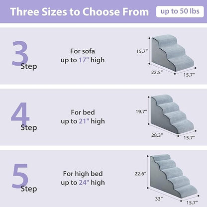 Dog Steps for Bed, 4-Steps Dog Ramp for Bed, Pet Stairs with Highly Supportive Foam and Non-Slip Bottom, Dog Stairs for Large Dogs and Medium Dogs (High 19.7 Inch), Grey