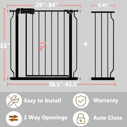 Fairy Baby Walk Through Baby Gate 38.5-43.5 Inch Wide, Pressure Mounted Safety Gate with Door No Drill, Black Tension Metal Gate for Dog and Toddler