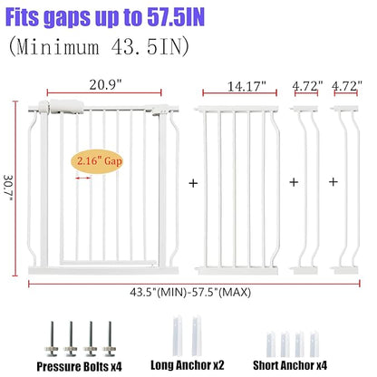 Extra Wide Baby Gate 53-57.5 Inch, Tension Mounted No Drilling, Auto Close Indoor Safety Gate for Stairs & Doorways - Metal Design for Kids and Pets, White