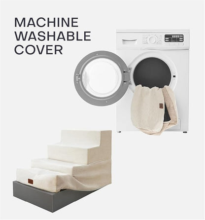 Dog Stairs for Bed, Dog Steps for Bed Couch Sofa, 35D Foam Pet Steps for Small Dogs and Cats, Extra Wide Pet Stairs with Non-Slip Bottom Beige, 3 Steps