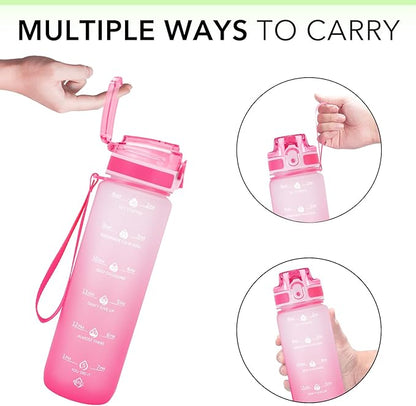 32oz Motivational Water Bottles with Time Marker & Fruit Strainer, Transparent Gradient Color Water Bottle with Times to Drink, Leakproof & BPA Free, Reusable Bottle with Strap (No Straw)