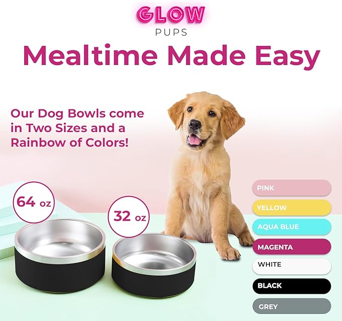 64 oz Black Anti-Skid Dog Bowl, Vacuum Insulated, Powder Coated, Stainless Steel, Non-Slip, Easy to Clean