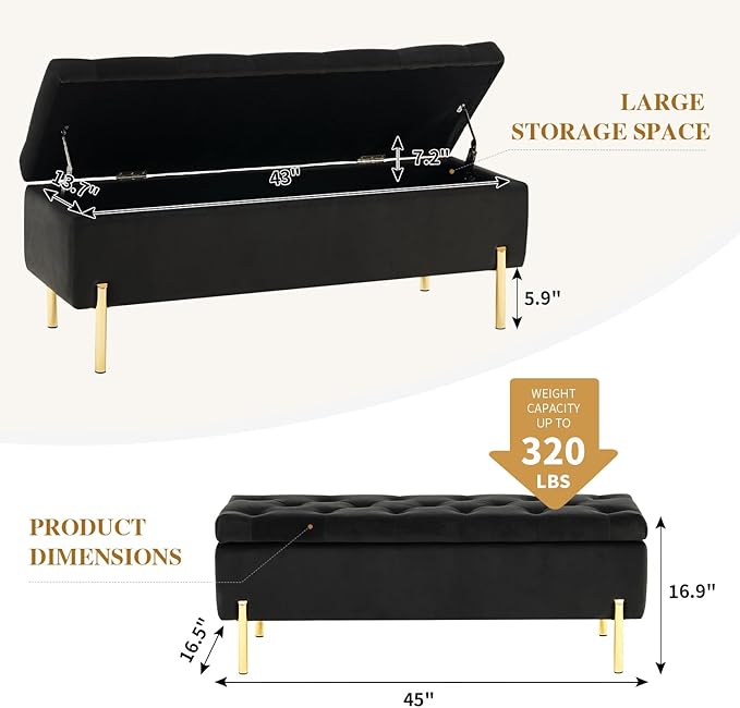 45.6 Inch Velvet Storage Ottoman, Rectangular Accent Bench for Bedroom & Living Room, Black