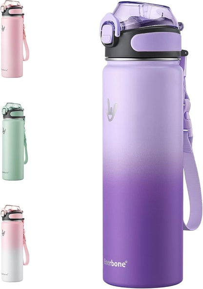 Enerbone 24 oz Insulated Water Bottle, Stainless Steel Bottle with Carrying Strap, Double-Wall Vacuum Insulation Design, Leakproof Sports Bottle with Straw, Keep Drinks Cold or Hot for Hours