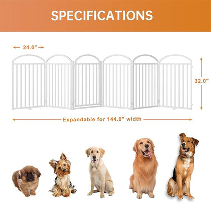 6 Panles Full Matel Freestanding Dog Gates with Door, 144"Extra Wide 32"Tall Free Standing Dog Pet Gate for Indoor & Outdoor. Foldable Pet Fences for Doorways, House, Stairs, Porch, Deck, Yard