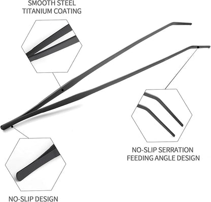 Aquarium Tweezers Extra Long 15 inches Feed Tong Clamps - FEITA Straight and Curved Stainless Steel 38cm Tweezers Set for Fish Tank Plants Aquascape Tools & Reptile Feeding Tongs - Black 2Pcs