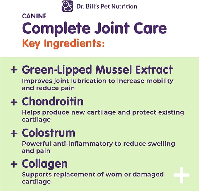 Dr. Bill’s Canine Complete Joint Care – Hip & Joint Supplement for Dogs for Mobility, Muscle Support & Inflammation Relief – Green Lipped Mussel, Chondroitin, Collagen, Omega-3 – Powder, 340g